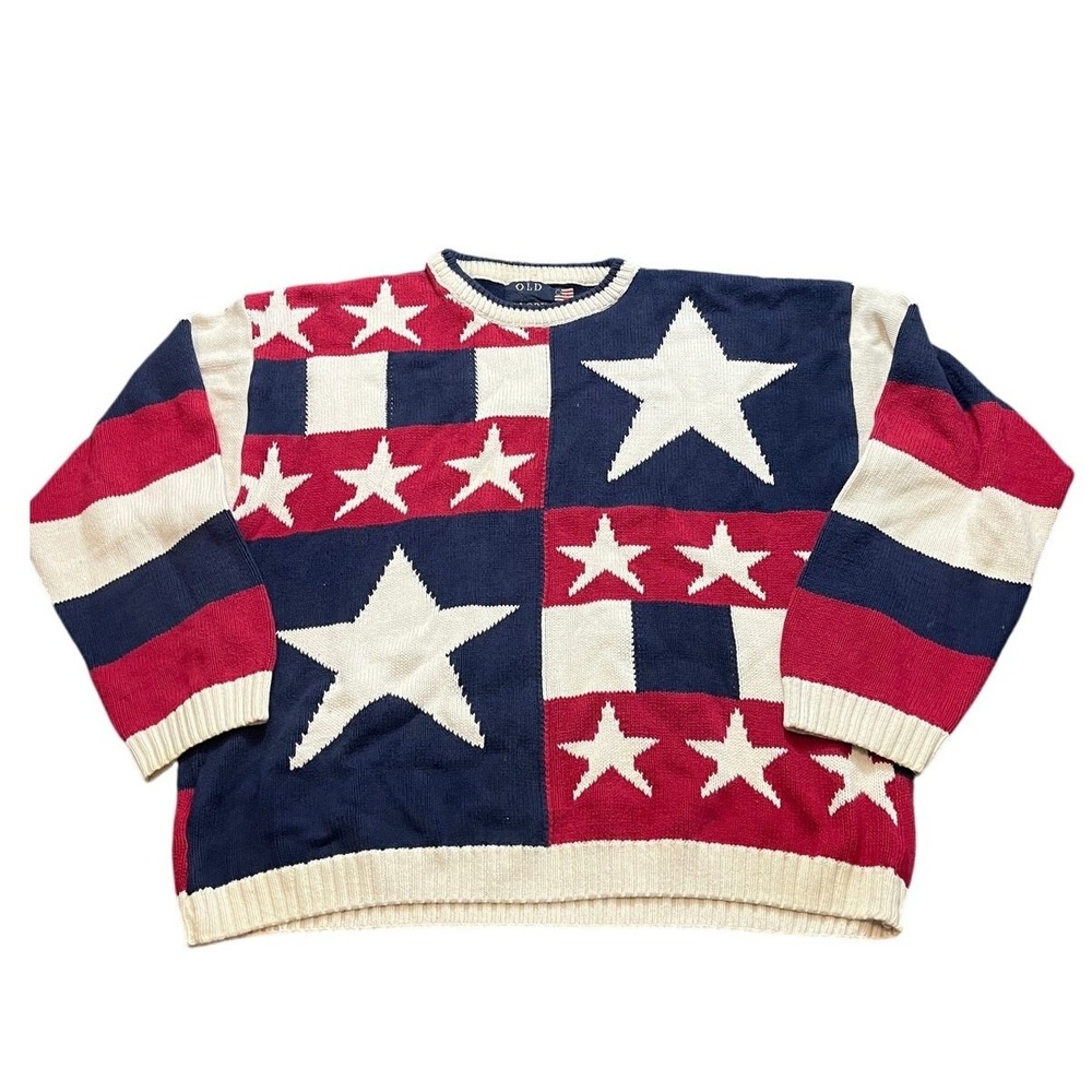 Old Glory Sweater Mens‎ XL Red White Blue Stars Stripes Flag Knit Cotton USA
